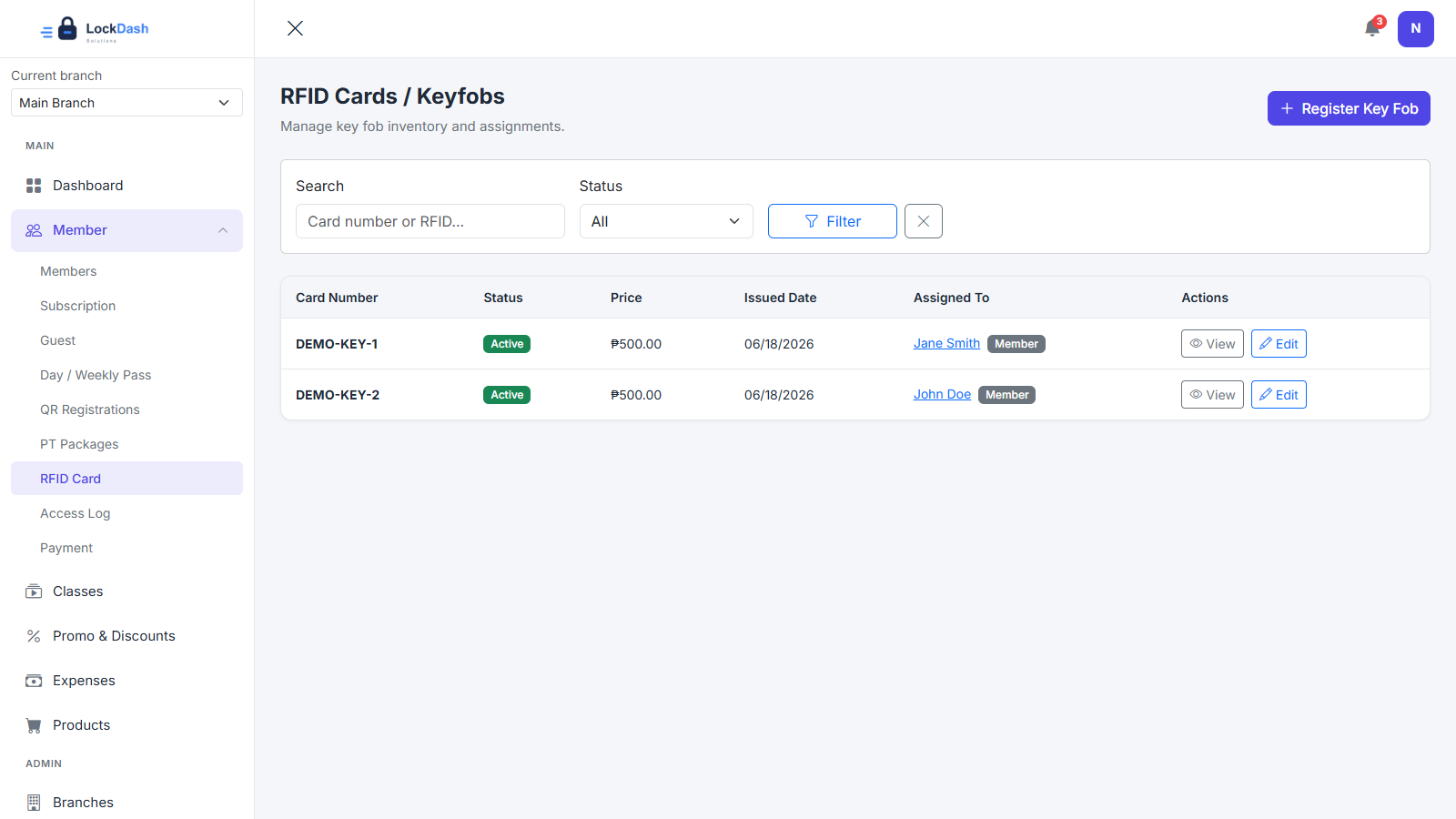 RFID keyfob management screenshot